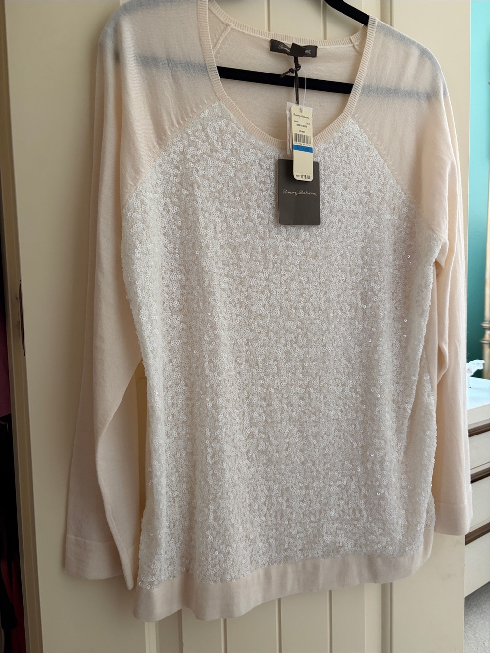 Tommy Bahama Cream Sequin-Front Crewneck Sweater